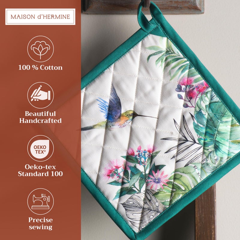 Maison d' Hermine Pot Holders Set 100% Cotton Heat Resistant Potholders 8" x 8" Hot Pads with Loop BBQ, Cooking, Baking, Grilling, Kitchen, Handling Hot Pans Spring/Summer (Pack of 2, Tropiques) - Image 2